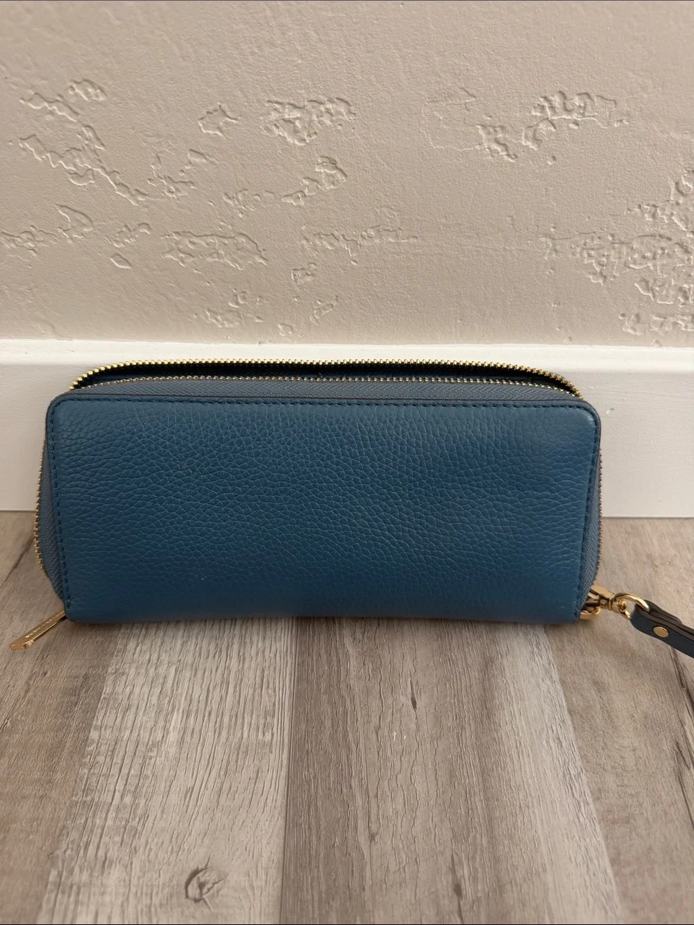 Michael Kors Blue Pebbled Leather Zip Wristlet Wallet with Gold Hardware